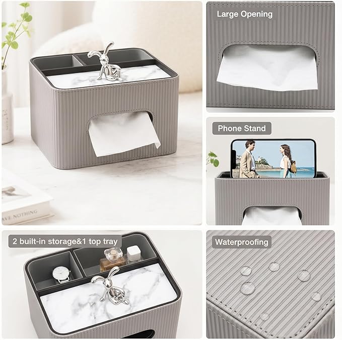 Tissue Box Cover Rectangle with Storage Organizer,Grey Leather Tissue Box Cover for Bathroom, Night Stands,Office Desk,Living Room, Decorative Tissue Holder,Compact Size for car Tissue Refills