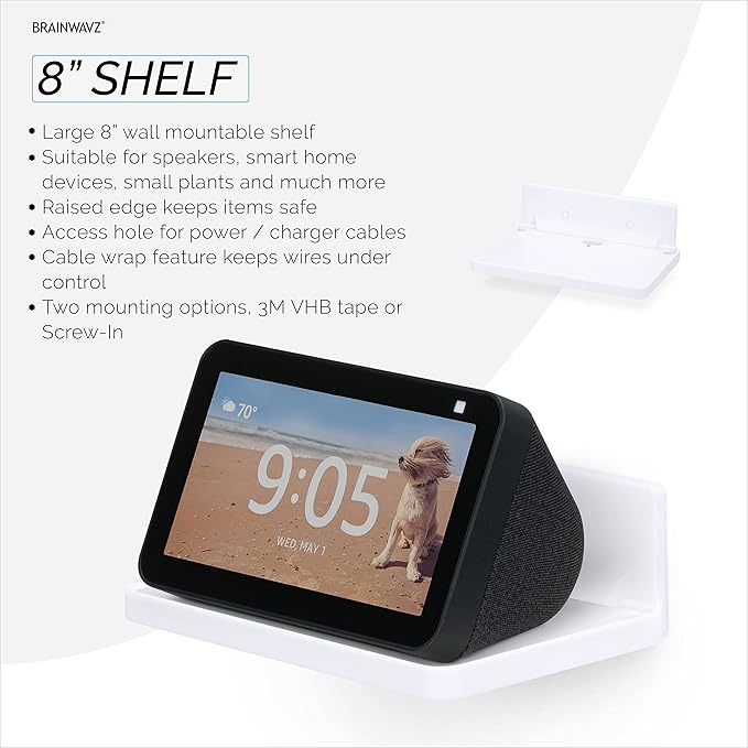 8” Shelf Wall Mount for Speakers, Security Cameras, Baby Monitors, Plants Toys & More, Floating Shelves, Adhesive & Screw-In (White) by Brainwavz