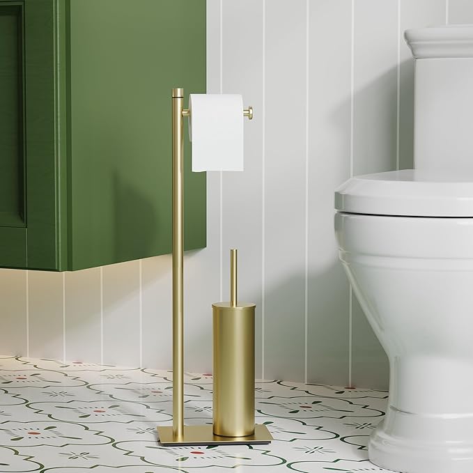 RUACQ Toilet Paper Holder Stand with Toilet Brush and Holder Set, 304 Stainless Steel Bathroom Toilet Tissue Paper Roll Holder Free Standing, Weighted Base, Heavy Duty (Brushed Gold)