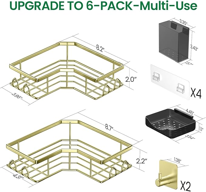 Adhesive Shower Caddy, 6 Pack Corner Bath Organizer, Rustproof Stainless Steel Shower Shelves with Large Capacity, No Drilling Shelves for Bathroom Storage, Home, Kitchen Décor(Gold)