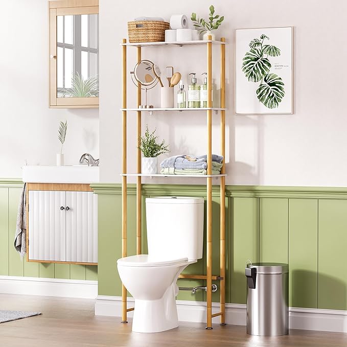 AmazerBath Over The Toilet Storage Bamboo, Bathroom Storage Organizer Shelf, 3-Tier Above Toilet Storage Rack, Space Saver, White and Natural Color