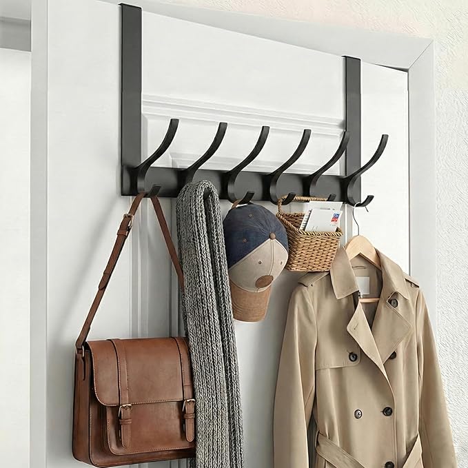 Peasulin Over The Door Hook Rack 7.4", 6 Double Hooks 12 Hanging Positions, Fits 1-3/4" Doors, White, Anti-Scratch 4 Pads, Over Door Towel Coat Rack Bathroom Bedroom Entryway (Black)