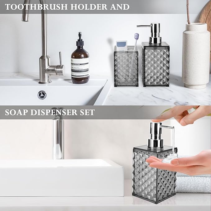 Bathroom Accessories Set 2 PCS, Grey Bathroom Accessories Include Soap Dispenser and Toothbrush Holder, Diamond Pattern Bathroom Set for Boho Bathroom Decor