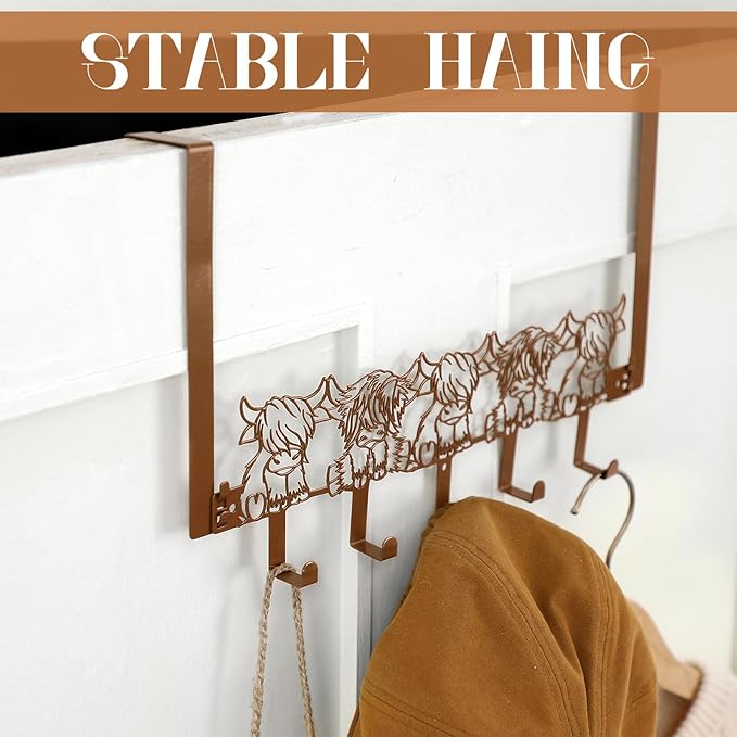 AceOrbit Highland Cow Over the Door Hooks Hanger Wall Mount Towel Hanger Door Holder Organizer 5 Hooks Kawaii Farmhouse Rustic Coquettish Style Decor for Bedroom Bathroom Towel Hat Clothes