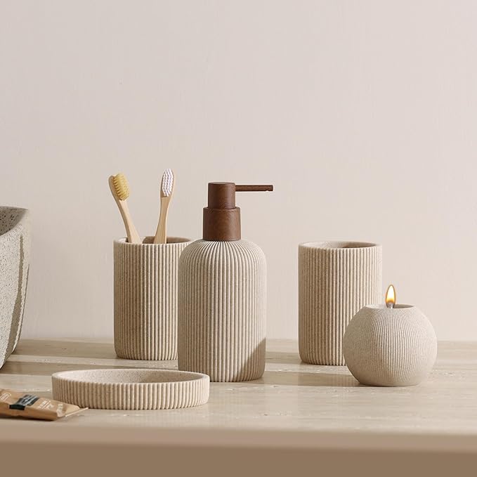 Bathroom Accessories Set, 5 PCS Sandstone Look Stripe Modern Bath Organizer with Soap Dispenser, Toothbrush Holder, Tumbler, Soap Dish, Candle Holder for Countertop Kitchen Sink (Beige)