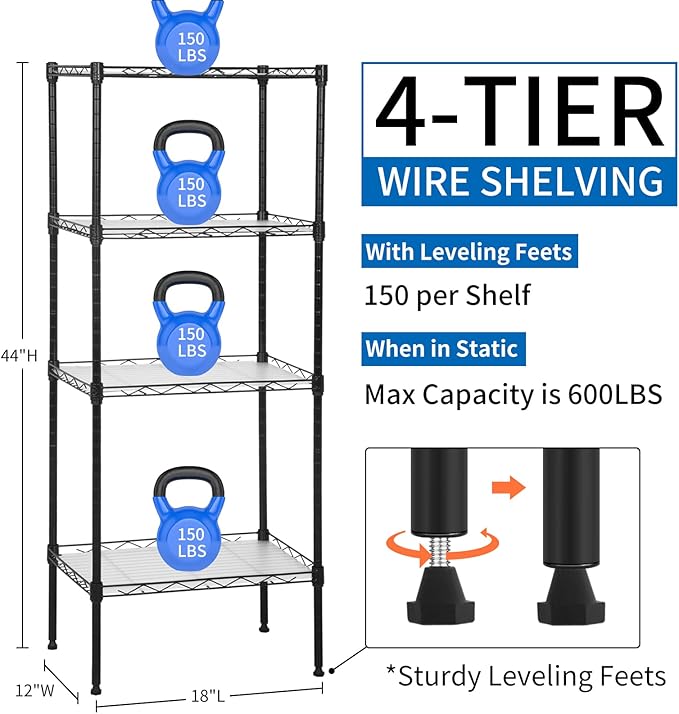Wire Shelving Unit with PP Liners, 4 Tier Metal Storage Shelves for Laundry Room Organization, Closet Shelf Organizer, Kitchen Rack, Garage Storage, Black, 18" x 12" x 44" ﻿