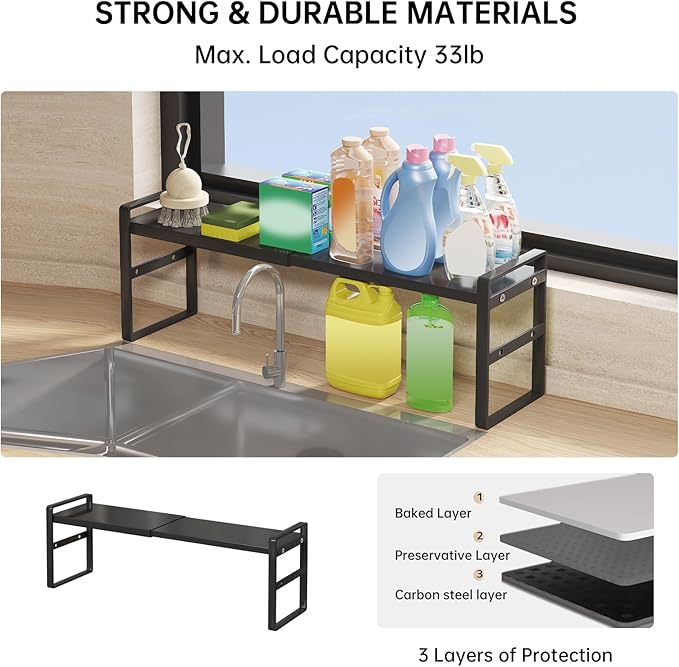 1pc Small Narrow Tall Shelf for Windowsill Kitchen Organizer Stackable Shelves Bathroom Sill Thin Shelves for Narrow Spaces Counter Top Racks (Black, L13.8-23.6'' * W5.9'' * H7.2'')