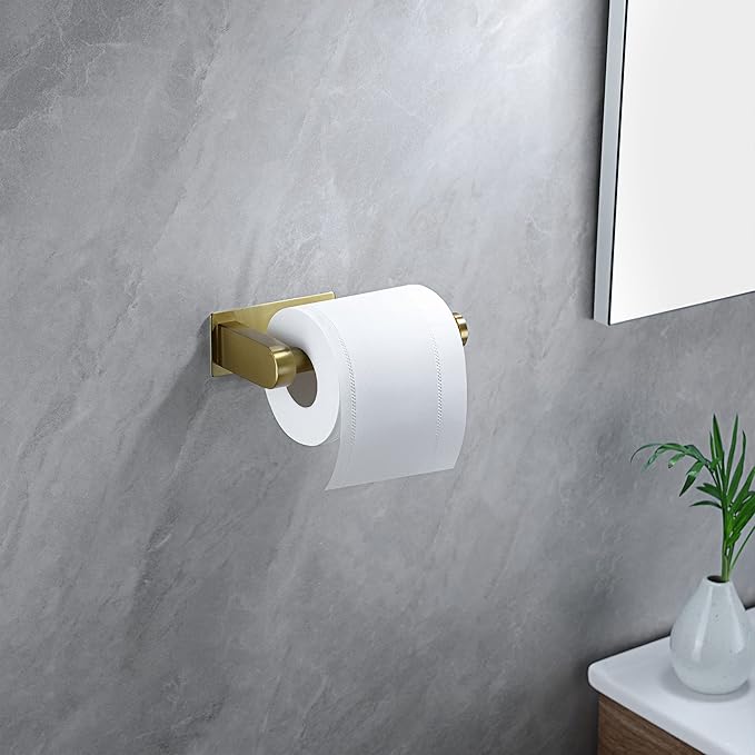 YIGII Adhesive Toilet Paper Holder - Self Adhesive Toilet Paper Roll Holder Wall Mount for Bathroom, Premium Thicken Brushed Brass Stainless Steel, Rustproof