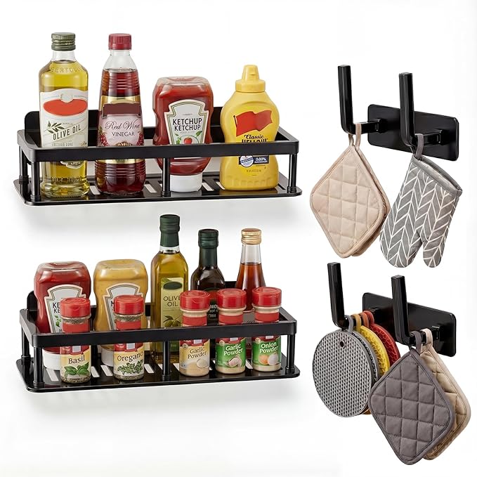 2pc Wall Mounted Floating Shelf, Detachable Storage Rack,No Drill Shelves for Wall,Floating Shelves Damage-Free Expand Walls Space for Living Room Kitchen Bathroom (4, Black)