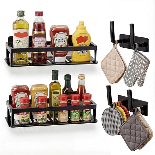 2pc Wall Mounted Floating Shelf, Detachable Storage Rack,No Drill Shelves for Wall,Floating Shelves Damage-Free Expand Walls Space for Living Room Kitchen Bathroom (4, Black)