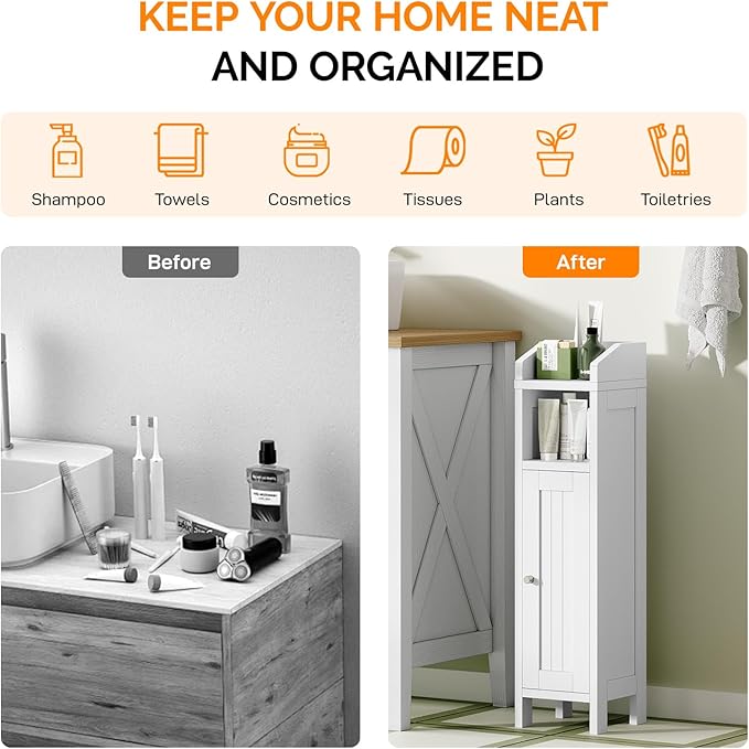 VINGLI Small Storage Corner Floor Cabinet, 7.9" Narrow Toilet Paper Storage Holder with Fluted Door, Skinny Freestanding Organizer for Small Spaces, Slim Bathroom Storage Cabinet, White