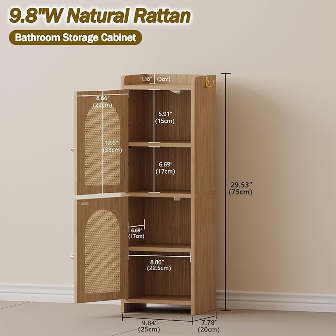 Arbuxzuy Rattan Bathroom Storage Cabinet,Corner Floor Cabinet with 2 Doors and Adjustable Shelf, Narrow Toilet Paper Cabinets with 2Hooks,Toilet Organizer for Small Spaces,7.87"D*9.84"W*29.72"H Oak