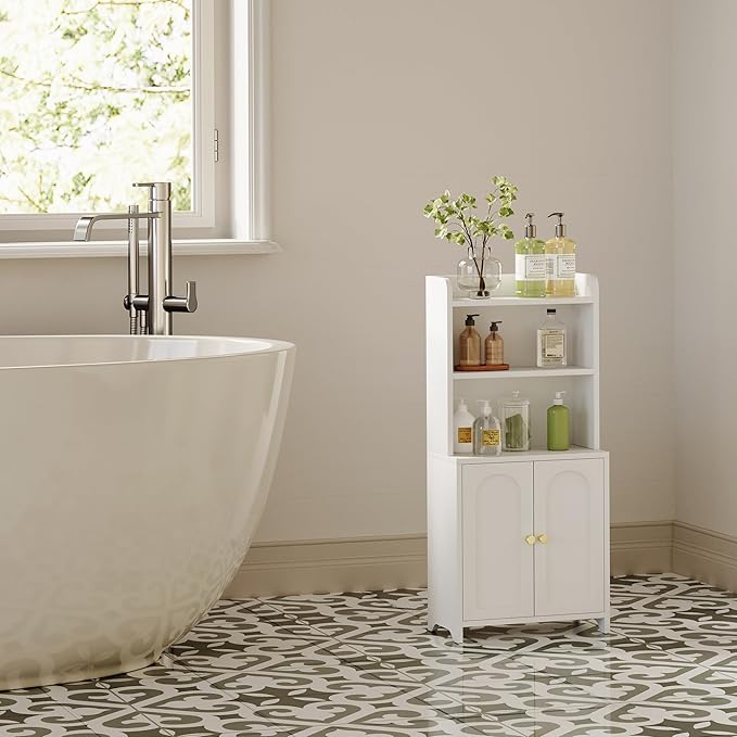 Bathroom Cabinet with 2 Doors, Small Freestanding Storage Cabinet with Adjustable Shelf, Slim Bathroom Organizers, Floor Cabinet for Small Spaces, Bathroom, 7.9" D x 14.7" W x 32" H, White