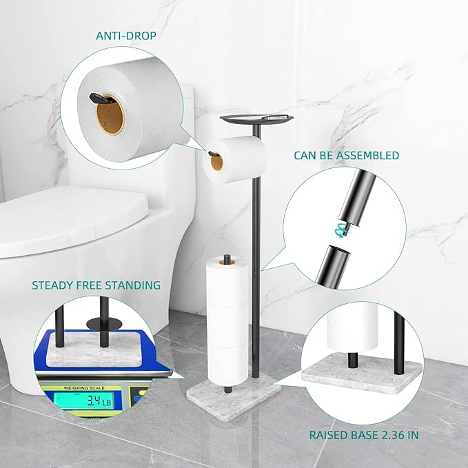 FEILERN Toilet Paper Holder Stand for Bathroom Floor Standing Toilet Roll Dispenser Storages 4 Reserve Rolls, with Top Storage Shelf for Cell Phones, Wipe, Wallet and More(Marble Black)