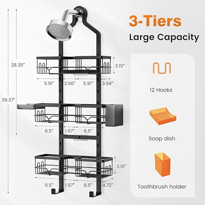 Vatex Shower Caddy Hanging Organizer, 3 Tier Adjustable Bathroom Shelves, Rustproof Over The Showerhead/Door Hanging Shelf for Inside Shower - No Drilling Shower Rack Bath Storage With Soap Holder