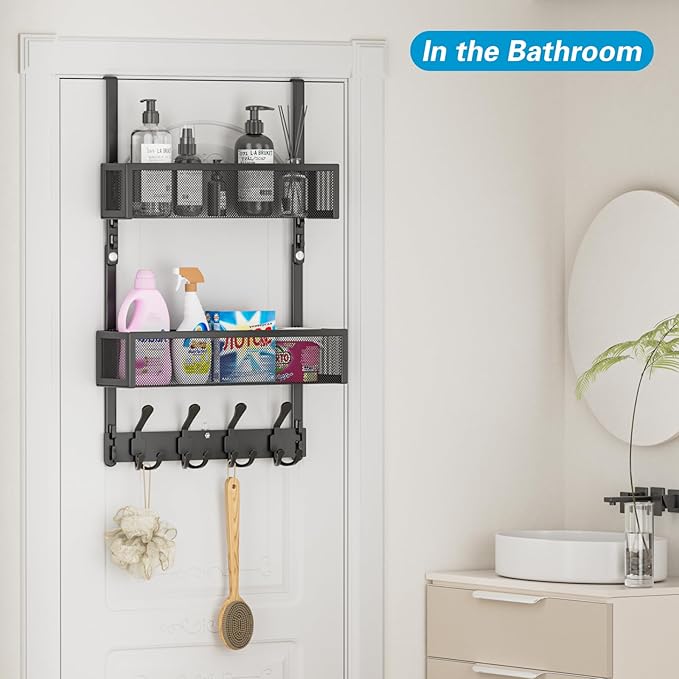 Over The Door Hooks Organizer, Door Hanger Towel Rack with 2 Baskets, Adjustable Over The Door Coat Rack, Back of Door Storage for Bedroom, Kitchen, Bathroom (Black)