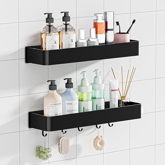 Wisfame Adhesive Shower Caddy,Rustproof Shower Shelve with Large Capacity,Quick-Dry Metal Bathroom Shelves with 5 Hooks, 2 Pack Drill-Free Durable Shower Organizers and Storage, Black