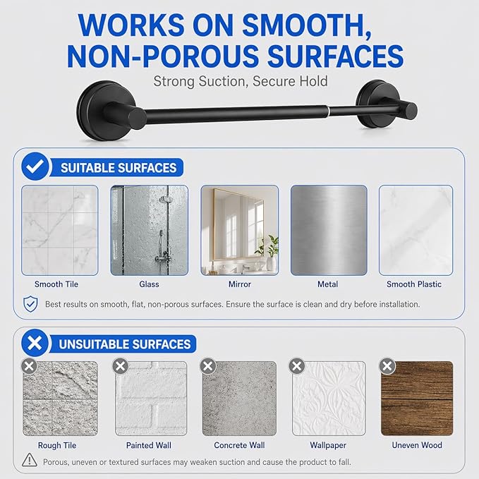 Extendable Suction Cup Towel Bar, Matte Black Stainless Steel No Drill Towel Holder for Bathroom, Adjustable Wall Mounted Towel Rack for Shower, Kitchen, RV, Smooth Tile, Glass, Mirror and Metal