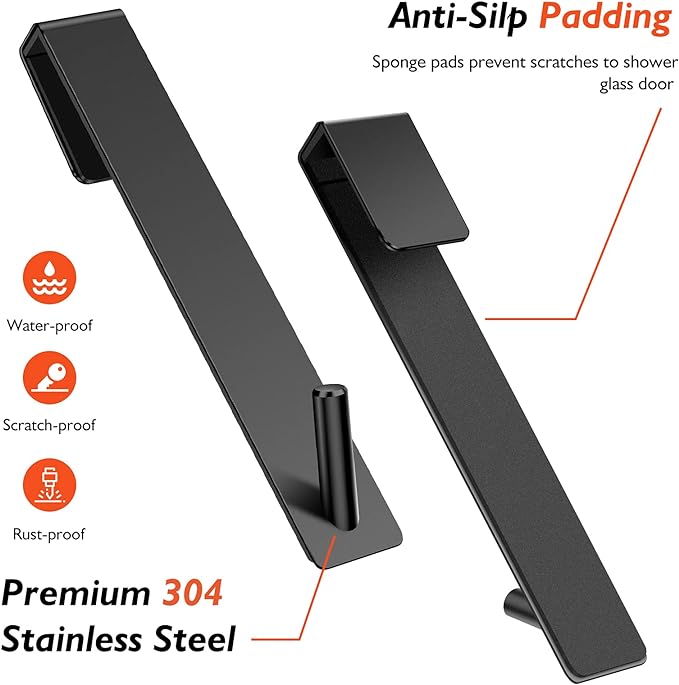 Kontoyo Shower Door Hooks(10 Inch),Extended Over Door Hooks for Bathroom Frameless Glass Shower Door,Stainless Steel Towel Hooks,Heavy Duty Rack Hooks for Robe,Towel-4 Pack-Black
