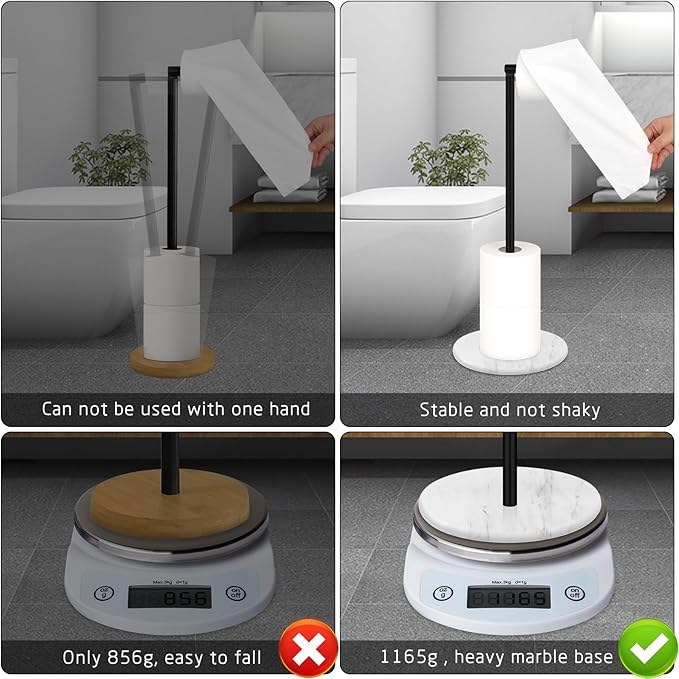 Toilet Paper Holder Stand with Marble Base, Free Standing Natural Stone Base Tissue Paper Storage with Reserve, Matte Black Space Toilet Bath 4 Rolls Holder for Bathroom/Kitchen Countertop