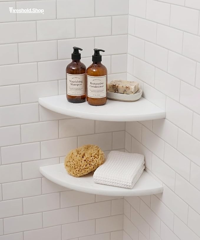 9 Inch Super White Engineered Marble Corner Shower Shelf Bathroom Caddy, Wall Mounted Shower Shelf, Classic Flatback Design (2)