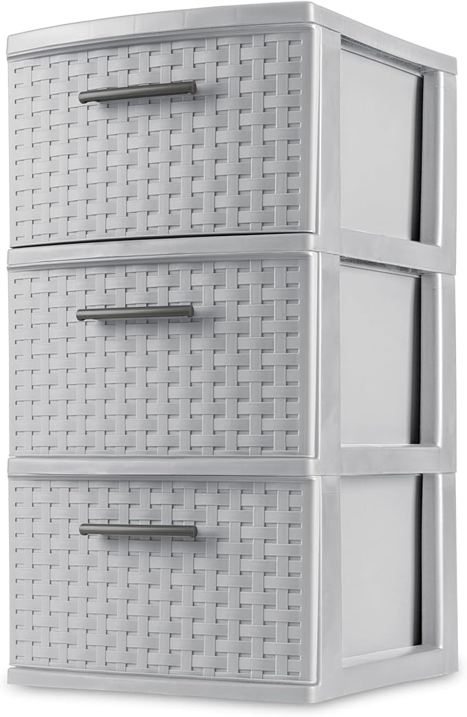 Sterilite 8 Pack 3 Drawer Storage Tower, Plastic Weave Medium Organizer, Cement - Lightweight Opaque Container for Bedrooms, Closets, or Bathrooms
