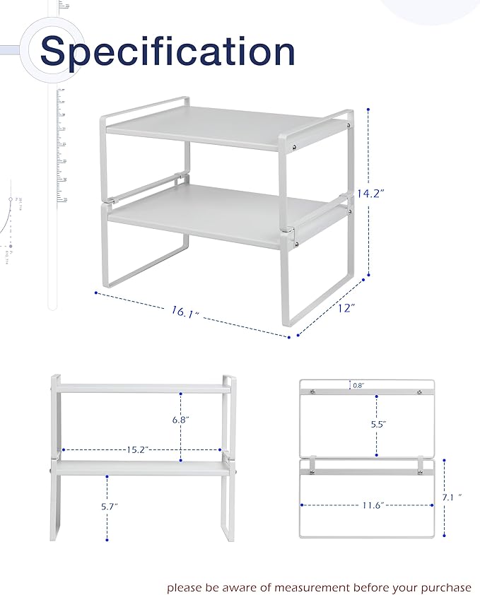Nxconsu 2 Pack Cabinet Shelf Organizer 16.1"x12"x7.3" White, Stackable Kitchen Counter Shelf Riser, Heavy Duty 3mm Steel Storage Rack for Pantry Cupboard Bathroom Under Sink, 50lbs Capacity, Non-Slip