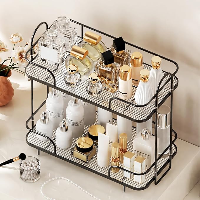 2 Tier Corner Bathroom Counter Organizer, Cosmetic Skincare Organizer, Bathroom Countertop Perfume Tray Vanity Organizer, Kitchen Spice Corner Storage Shelf