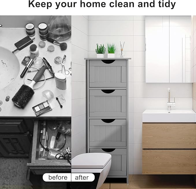 VINGLI Gery Bathroom Storage Cabinet with 4 Drawers Wooden Freestanding Slim Bathroom Floor Cabinet Small Side Organizer Storage Unit for Restroom Livng Room Kitchen Office Hallway Entryway