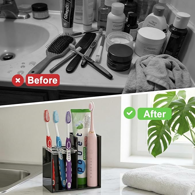 Acrylic Toothbrush Holders for Bathroom, 5 Slots Toothbrush and Toothpaste Storage Organizer Holder, Home Decor for Bathroom Accessories Organizer - Black