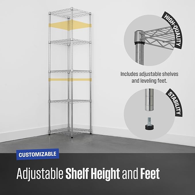 SafeRacks - NSF Certified Storage Shelves, Zinc, Heavy Duty Steel Wire Unit with Adjustable Feet, Garage or Bakers Rack, Kitchen, Pantry Shelf - (18"x18"x72" 5-Tier) (Silver)