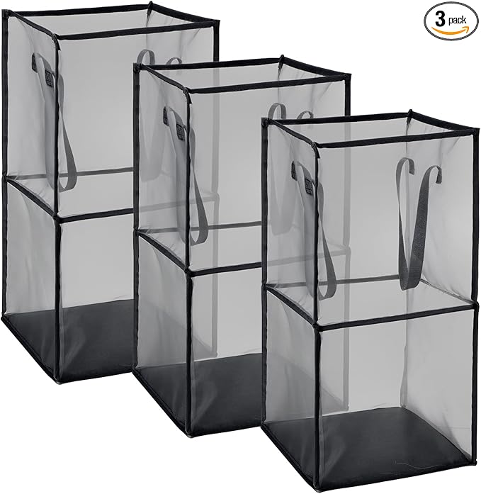 Zopeal 3 Pack Popup Laundry Hamper 13 Inch Collapsible Laundry Baskets with Handles Mesh Clothes Baskets Portable Foldable Clothes Hamper Square Bin for Washing (Black,Double-layer)