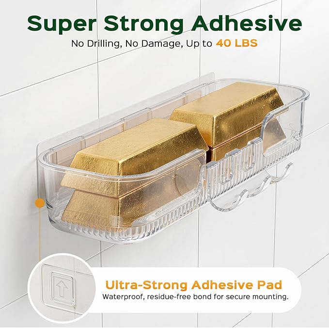 HAMITOR Adhesive Shower Caddy for bathroom：2 Pack Clear Bath Shelves No Drilling for Modern Renters & Home Decor - Rustproof Acrylic Shower Organizer for Bathroom Storage