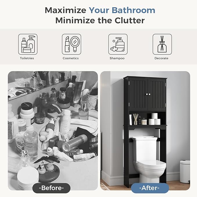 DUMOS Over the Toilet Storage Cabinet, Bathroom Storage Cabinet Over Toilet with Double Doors and Adjustable Shelf, Freestanding Toilet Rack for Bathroom, Black