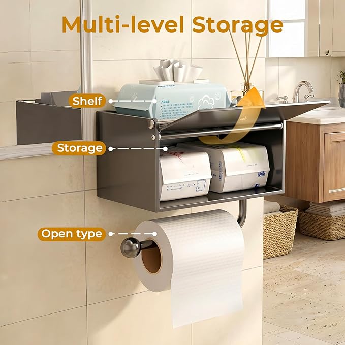 Toilet Paper Holder with Shelf,Wall Mount Toilet Paper Roll Holder,Self-Adhesive Tissue Towel Holders,Flushable Wipes Dispenser for Storage,Front Flip Design with Hanging Rod for Bathroom (Grey)