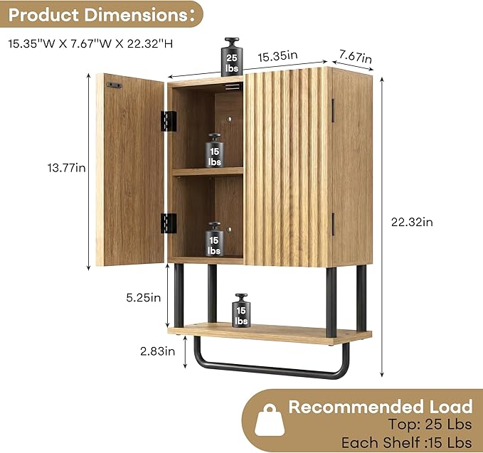 FerniTry Modern Fluted Bathroom Wall Cabinet,3-Tier Curved Profile Wooden Medicine Cabinet with 2 Doors,Over the Toilet Storage Cabinet Wall Mounted with Adjustable Shelf and Towel Bar(Oak, Small)