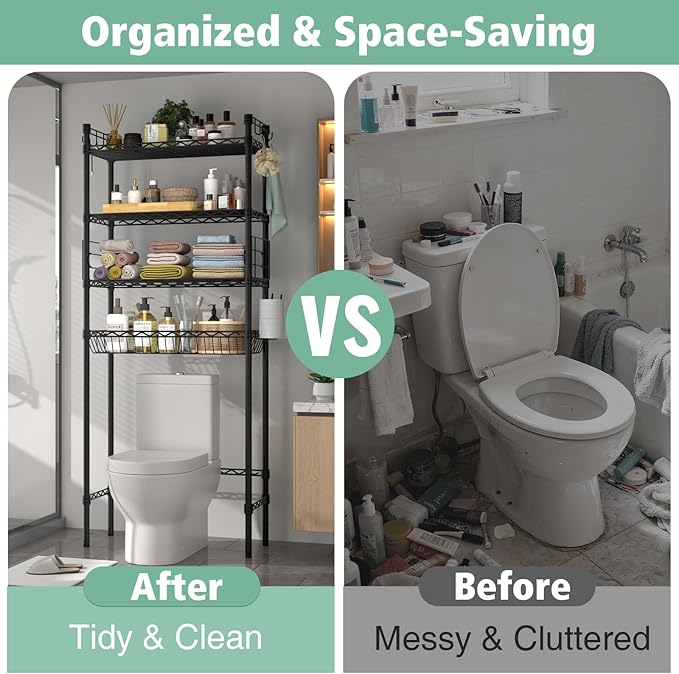 PrimeZone Over The Toilet Storage Rack - 4 Tier Adjustable Bathroom Shelf Organizer, Metal Space Saver Over Toilet with 2 Hooks, Freestanding Above Toilet Storage Shelves for Bathroom Laundry, Black