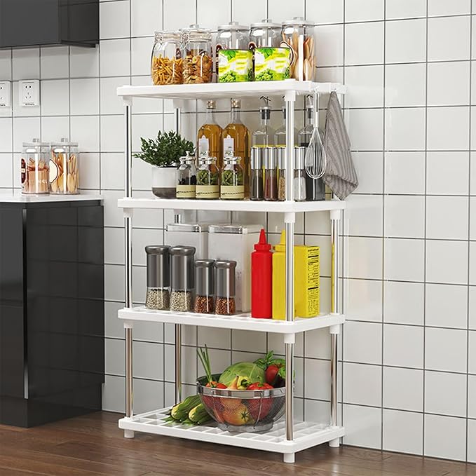 4 Tiers Racks for Storage, Storage Racks and Shelving for Bathroom, Pantry, Warehouse, Living Room, Kitchen Shelves, Kitchen Storage Rack Easy Cleanup and Install, 15.7" L X 8.6" W X 31.4" H