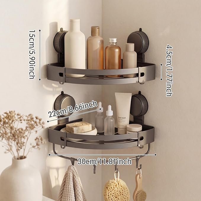 Suction Cup Shower Caddy(2-Pack Gray),Single 1.77 Inches High No-Drilling Aluminum Bathroom Organizer with Towel Bar & Hooks,Moder wall Shower Shelf and Storage Decor