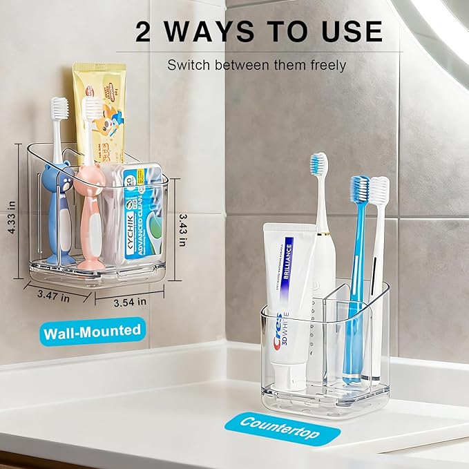 Bathroom Toothbrush Holders, Upgraded 3 Slots Detachable Wall Mounted & Countertop Toothbrush Holder with Drainage, Bathroom Caddy for Electric Toothbrush & Toothpaste, Ideal for Family & Kids (Clear)