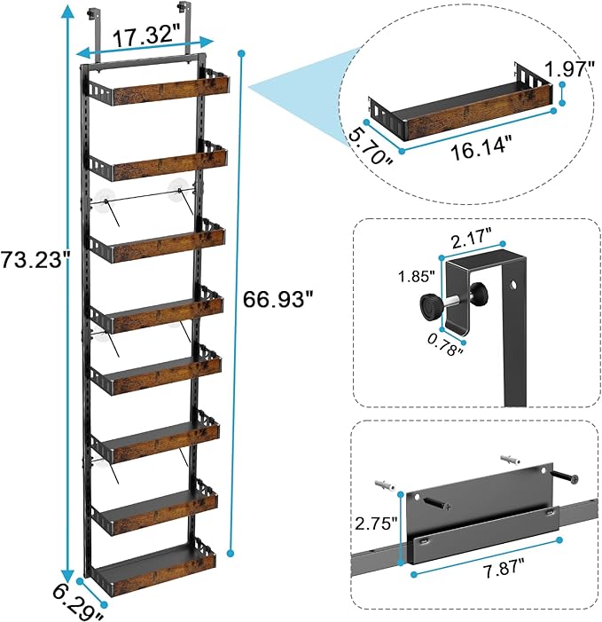 BUKFEN 8-Tier Over the Door Pantry Organizer, 2-in-1 Door Hanging or Wall Mounted Spice Rack, Heavy Duty Metal Storage Shelves with Adjustable Wooden Baskets for Kitchen Bathroom Closet