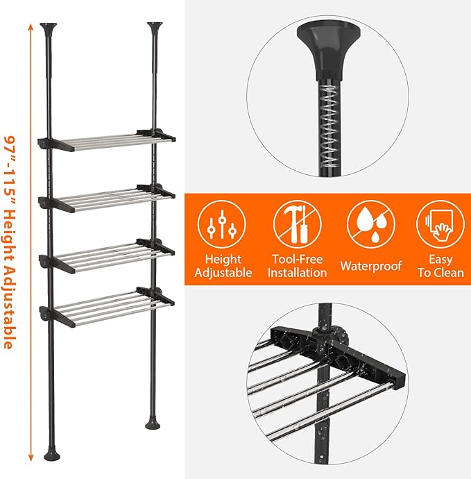 4-Tier Over The Toilet Storage Shelf, 4.5-9.5 FT Adjustable Bathroom Organizer, Heavy Duty Metal Shelves Above Behind Toilet Laundry, Space-Saving Shelving for Small Rooms, No Drill Tenant Friendly