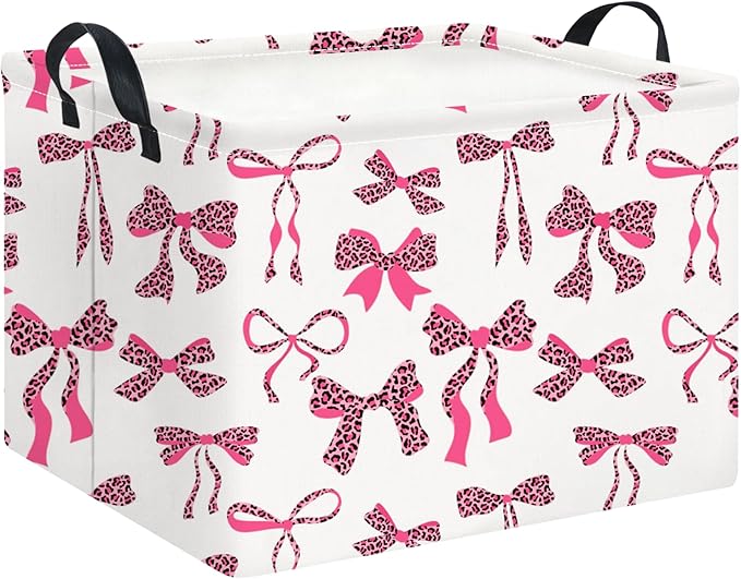 Rectangle Storage Basket with Handles,Collapsible Storage Bin,Books Box,Gift Basket(Pink Leopard Print Bowknot)
