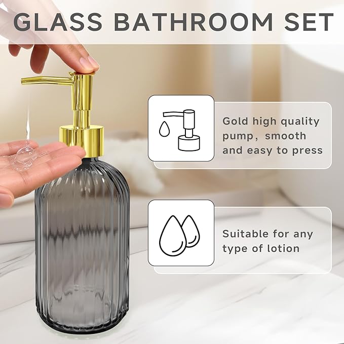 2 PCS Grey and Gold Glass Bathroom Accessory Sets, Grey Bathroom Set, Soap Dispenser and Toothbrush Holder Set for Modern Bathroom Decor
