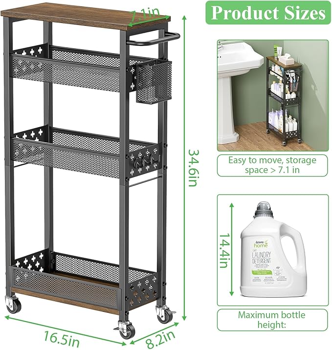 Slim Storage Cart with Wheels - 4 Tier Utility Narrow Rolling Cart with Wood Top, Metal Trolley for Bathroom Laundry Kitchen Organization with Handle, 7.1 inch Wide for Small Space, Black