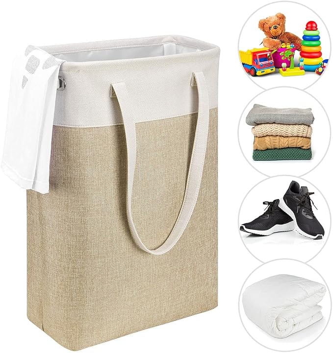 Laundry Basket with Handles Beige&Khaki-Slim Laundry Bin Collapsible Dirty Clothes Basket Narrow Laundry Bag Foldable Dirty Hamper for Camping, Dorms, Apartments