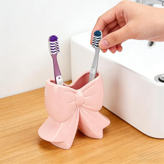 Cute Toothbrush Holder, Ceramic Bow Toothbrush Holder, with Drain Hole Bathroom Countertop Accessories, for Bathroom Canister Storage Organization, Vanity Makeup Organizer (Pink)