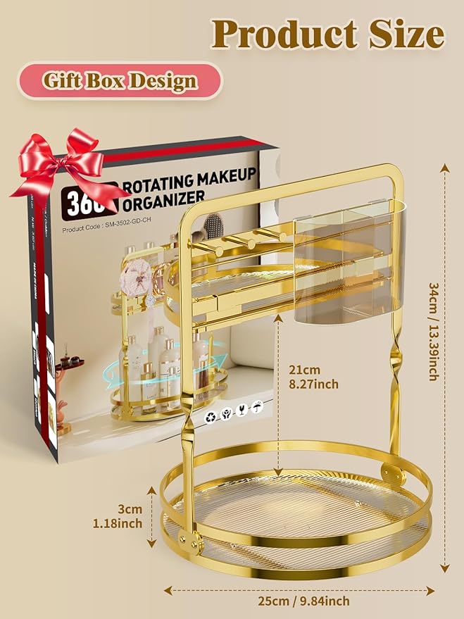 360 Rotating Makeup Organizer for Vanity, 2-Tier Gold Perfume Organizer, Lazy Susan for Bathroom Counter Organizer, Spinning Skincare Dresser Storage with Makeup Brush Holder & Jewelry Hooks