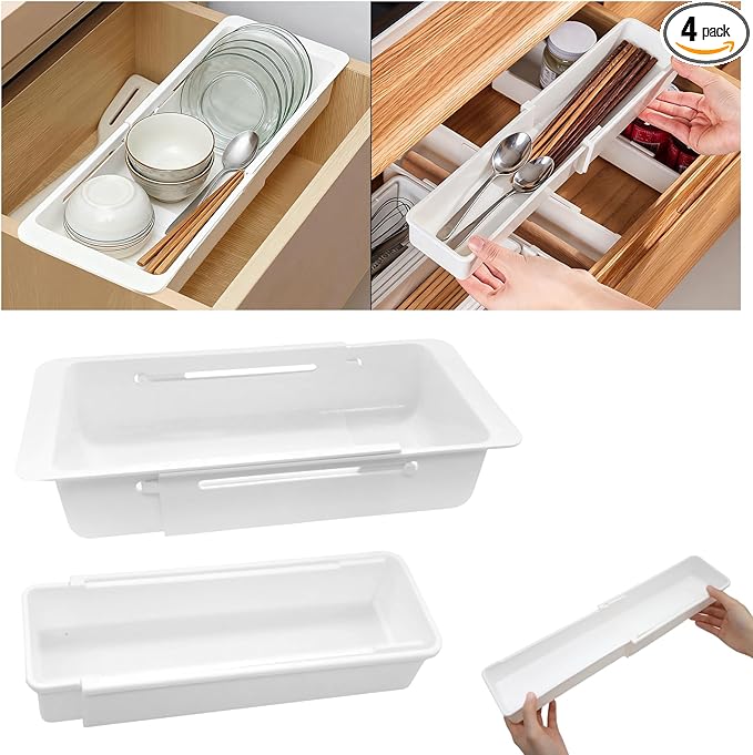 2 Pack Hanging Expandable Drawer Organizer with 2 Pack Non-Hanging Sliding Adjustable Storage Trays for Kitchen, Bathroom, Office, White