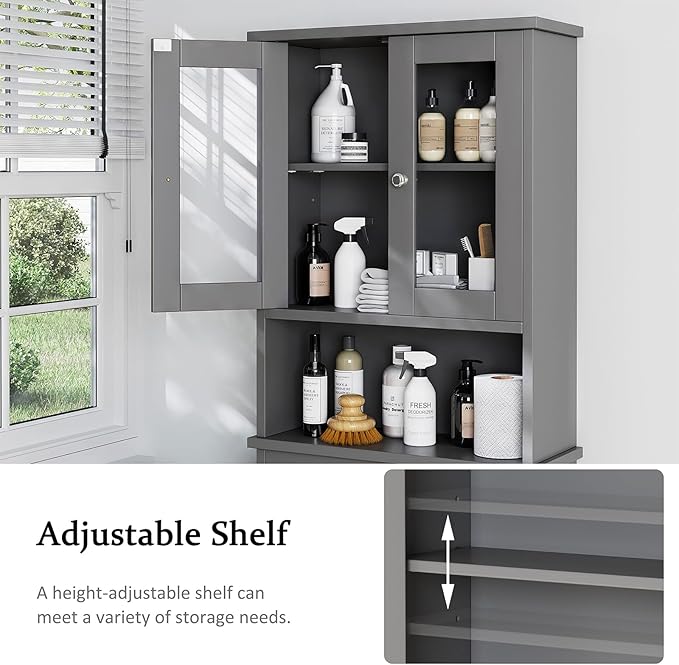 Over the Toilet Storage Cabinet, Bathroom Storage Cabinet Over Toilet, Space Saver with 2 Tempered Glass Doors, Grey